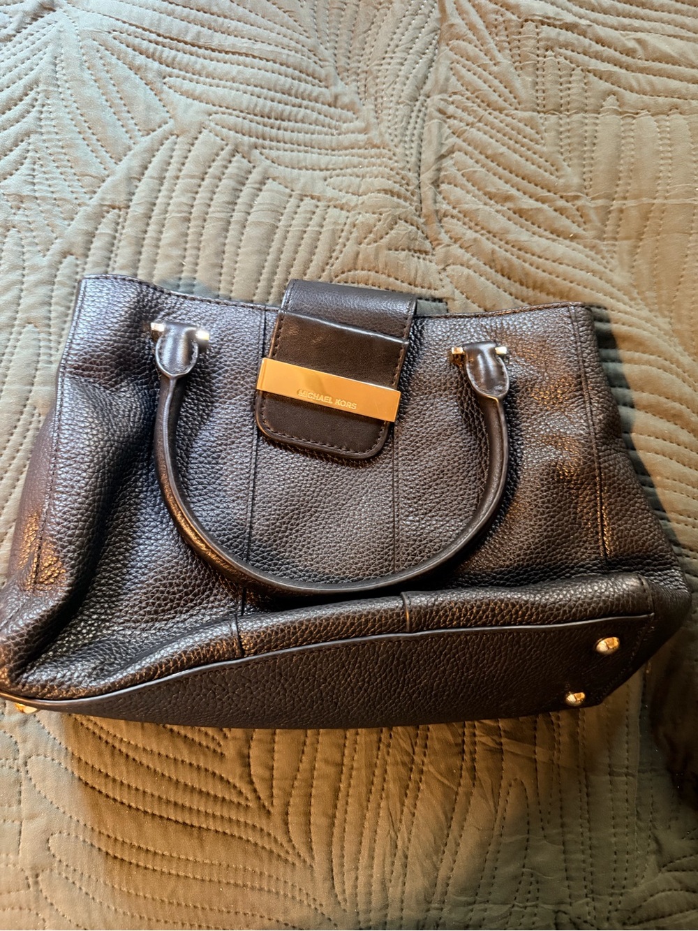 Michael Kors Black Pebbled Leather Satchel with Gold Plate